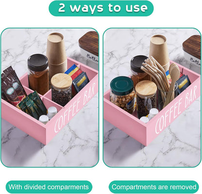 ALELION Coffee Station Organizer - Wood Countertop Accessories Organizer with Removable Dividers for Pods Condiment Syrup Tea Cups Stirrers - for Farmhouse Coffee Bar Decor