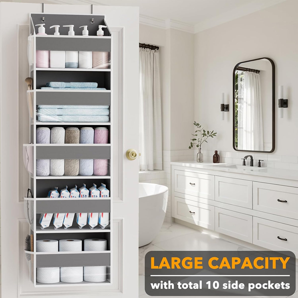 SpaceAid Over The Door Organizer with 5 Large Pockets and 10 Mesh Side Pockets, 5 Layers Door Organizer Hanging with Clear Window for Bedroom, Bathroom, Pantry and Nursery, Gray