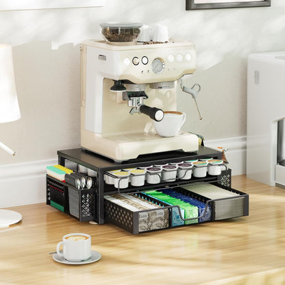 Ekisemio K Cup Organizer, Coffee Pod Holder for Counter with 2 Tier Sliding Storage Drawer & Hanging Baskets, Holds 63 Large or 80 Small Capsules for Coffee Bar, Black