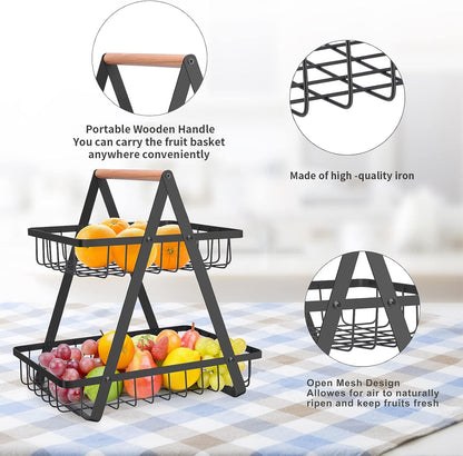 mahueeol 2 Tier Countertop Fruit Basket,Portable Fruit Bowle for Kitchen Organizer Storage & Dining Room Fruits Vegetable Bread Snacks, Detachable Metal Rectangle Basket Storage