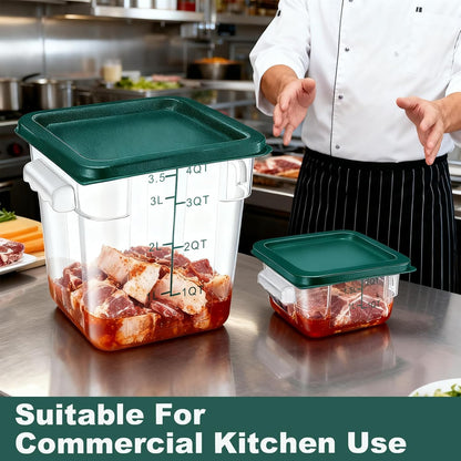 4 Pack 4QT Food Storage Containers with Green Lids, Clear Square Restaurant Commercial Food Storage Containers with Handle and Scale, Marinating Container Dough Rising Bucket for Home & Dining