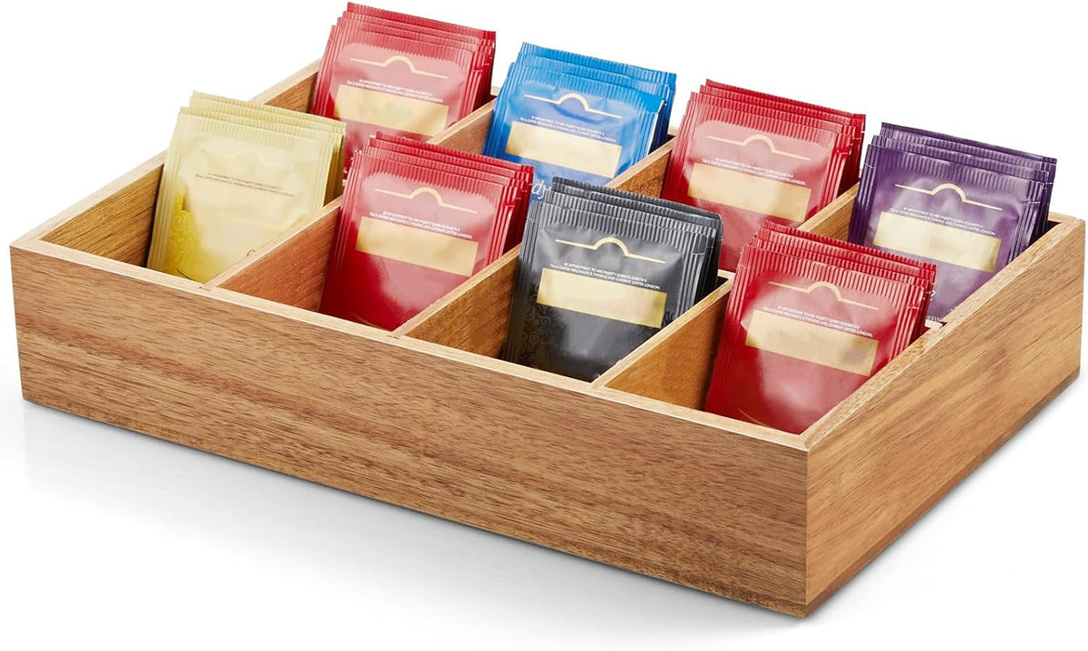 DRASTAR Tea Bag Organizer, Acacia Tea Bag Holder, Tea Storage Containers with 3 Slots, Wooden Tea Storage Accessories, Mini Tea Bag Caddy Box for Countertop