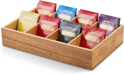 DRASTAR Tea Bag Organizer, Acacia Tea Bag Holder, Tea Storage Containers with 3 Slots, Wooden Tea Storage Accessories, Mini Tea Bag Caddy Box for Countertop