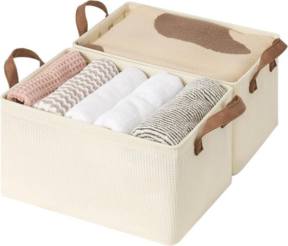 StorageWorks Storage Bins, Shelves Baskets for Organizing, Fabric Closet Organizers with Handles, Metal Frame, Beige-Cotton-linen, 2-Pack