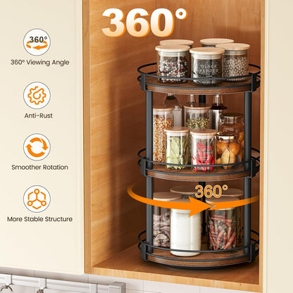 Snughome Rotating Spice Rack, 2 Tier Lazy Susan Organizer, Wood Kitchen Countertop Organizer, Brown Lazy Susan Turntable for Cabinet, 10.2" x 10.2" x 10.4"