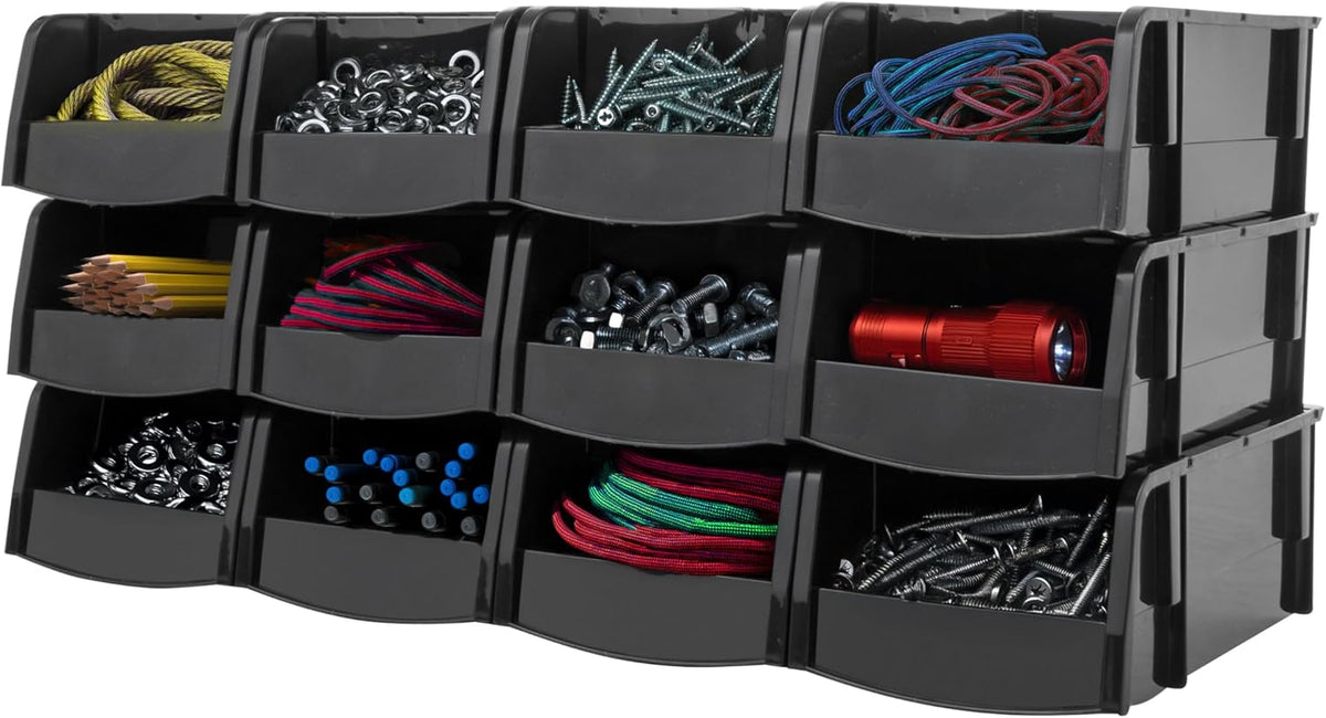 IRIS USA Medium Stackable Storage Bins, 11" L x 6" W x 5" H |Made in USA| Plastic Open Front Shelf Bin for Organizing Parts, Hardware, Tools, Supplies, Garage Shelf, Pantry - Black