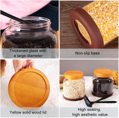SAIOOL 2-Pack Striped Borosilicate Glass Airtight Canisters - Big mouth Large Capacity, Acacia Wood Lid, Food Storage Jars for Flour, Pasta, Pantry Organization (1/2 Gallon （Yellow Press lid 2 pack）)