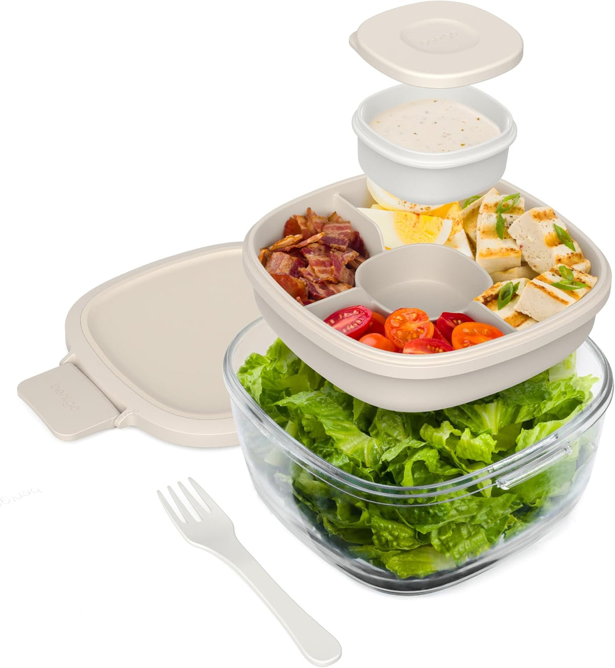 Bentgo Glass Prints Salad Container - 7.6-Cup Tinted Glass Salad Bowl with Airtight Lid, Leak-Proof Sauce Container, 4-Compartment Bento Meal Prep Tray & Reusable Fork (Floral Maximalist - Sea)