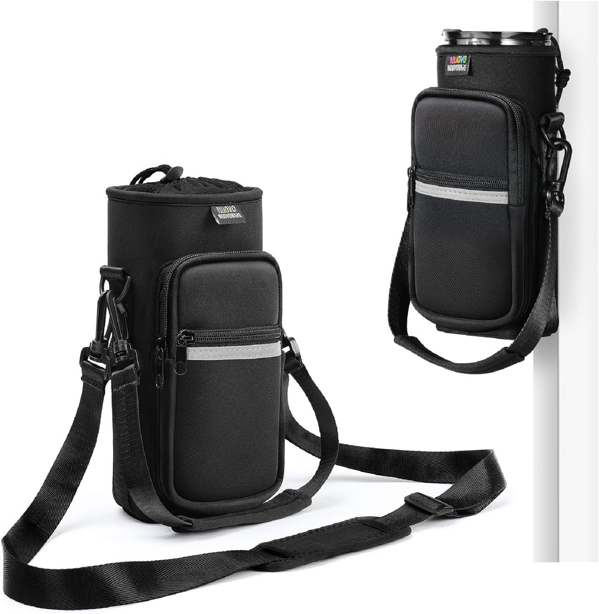 Nuovoware Water Bottle Carrier Bag,25oz/40oz/64oz Bottle Pouch Holder,Adjustable Shoulder Hand Strap 2 Pocket Sling Neoprene Sleeve Sports Accessories for Hiking Travelling Camping
