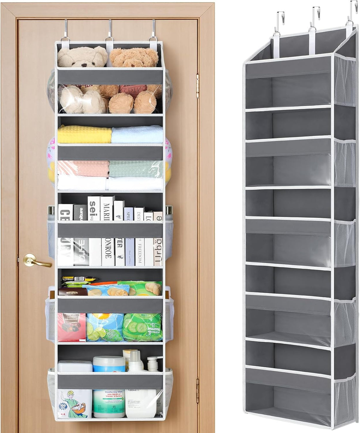 Yecaye Over the Door Organizer 5 Tiers, Heavy Duty Hanging Storage with 5 Large Clear PVC Pockets and 10 Side Pockets, 56lbs Capacity for Closet Door Bathroom Bedroom Nursery Dorm Laundry Room, Grey