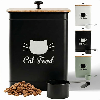Cat Food Storage Container with Scoop - 5-7 lb (25 Cup) Capacity Metal Cat Food Container with Airtight Bamboo Lid and Metal Scoop - Airtight Pet Food Storage Containers 5 lb - 7 lb Kibble Container