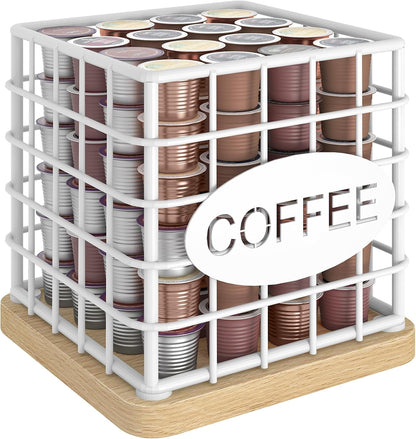 YATINEY Coffee Pod Holder for K Cup, Large Capacity Coffee Pod Organizer, Versatile Coffee Capsule Storage Basket with Wooden Base, White KH10WN