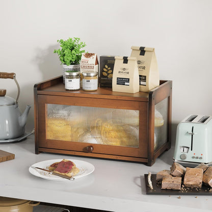 BAMBANG Bamboo Bread Box for Kitchen Countertop, Extra Large Farmhouse Bread Box with 4-Side Clear Panels, Wooden Bread Storage Container for Homemade Bread, Natural