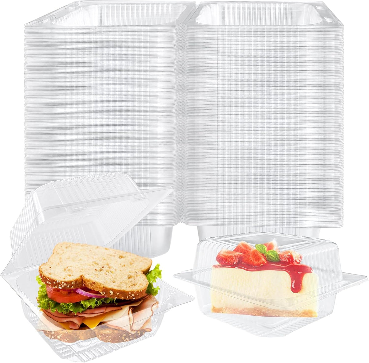 Jizvxe 100 Pack Clear Plastic Square Hinged Food Container,Disposable Plastic To Go Containers with Clear Lids,Cake Slice Containers Clamshell Takeout Tray for Pastry,Salad,Dessert(5.1"x 4.7"x 2.8")