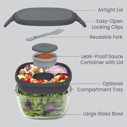 Bentgo Glass Prints Salad Container - 7.6-Cup Tinted Glass Salad Bowl with Airtight Lid, Leak-Proof Sauce Container, 4-Compartment Bento Meal Prep Tray & Reusable Fork (Floral Maximalist - Sea)