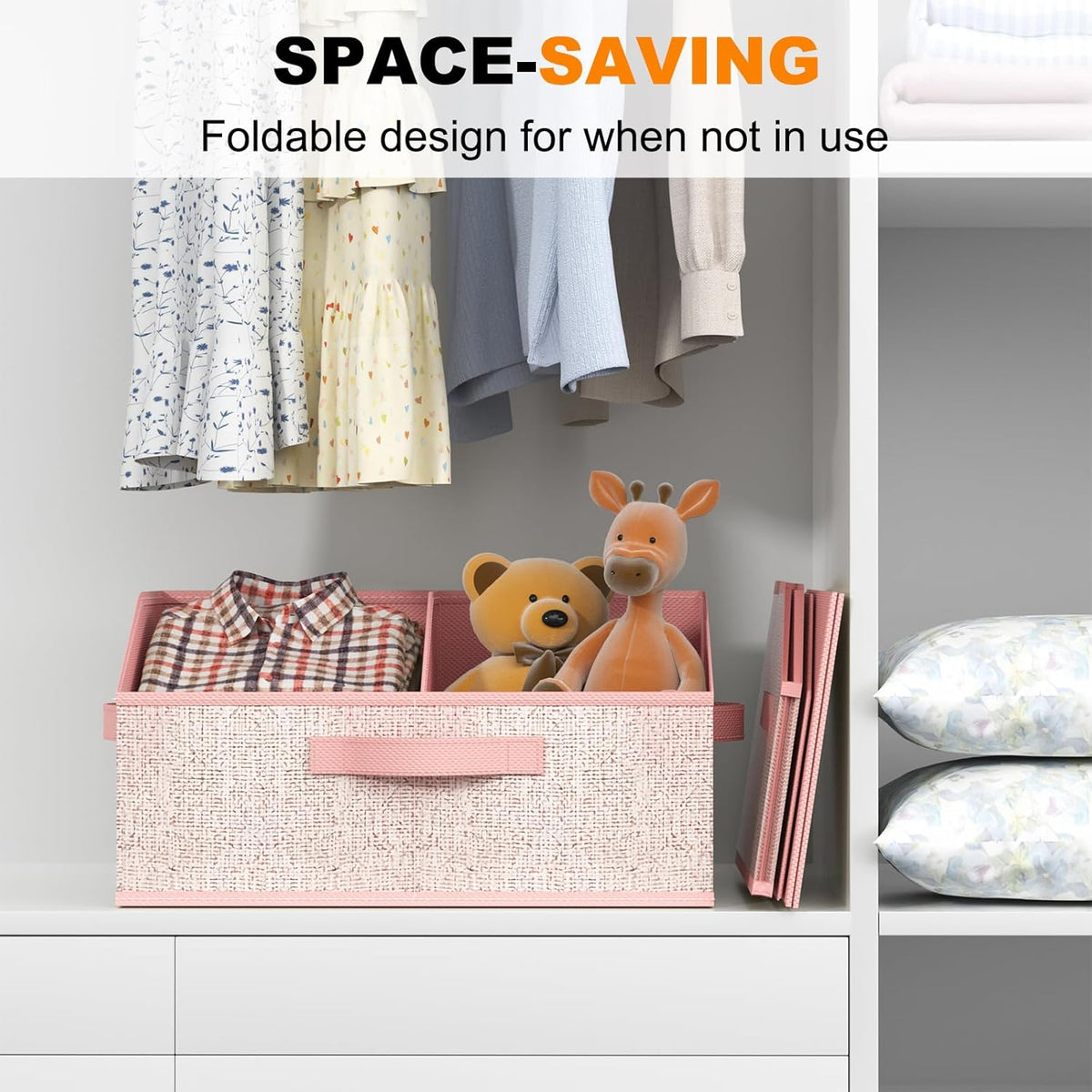 Closet Storage Bins, Large Closet Organizer Baskets with Divider & Handles,Trapezoid Fabric Shelf Organizers, Collapsible Storage Cubes for Clothes, Towels, Toys - Beige
