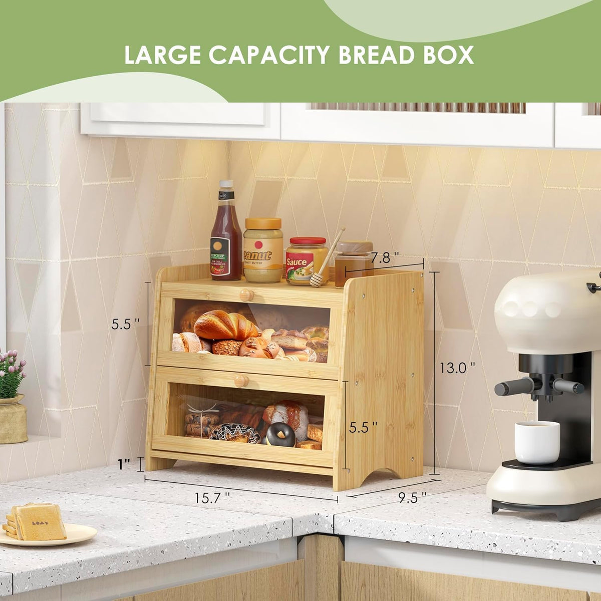 JANSNIMEN Double Layer Bread Box for Kitchen Countertop, Large Breadbox Bread Container Storage with Acrylic Door, Wooden Farmhouse Bread Holder (Black, Medim-15.7" L x 9.5" W x 13" H)