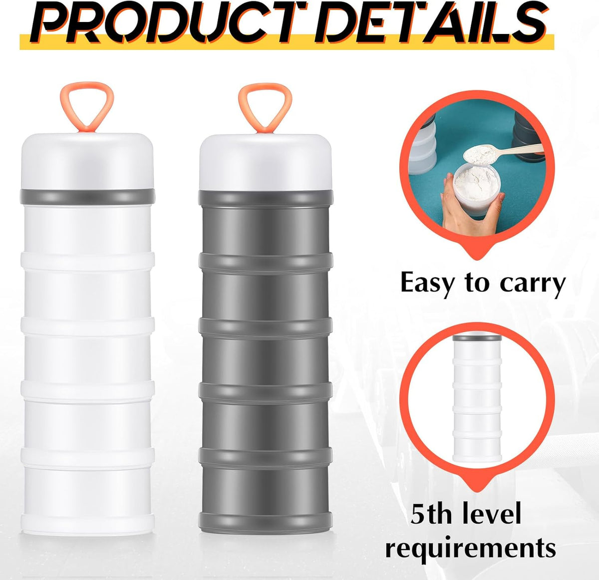 Baderke 4 Pcs Protein Powder Container 5 Layers Stackable Leakproof Container Powder Dispenser with Funnels Stand Keychain Flour Canister for Workout Fitness(Gray, White)
