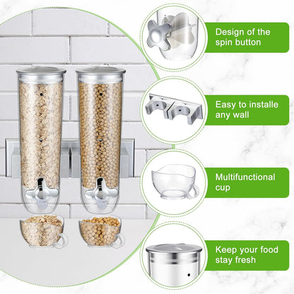 Huwena 4 Sets Cereal Containers Storage,3L Each Set Wall Mounted Cereal Dispenser Dry Food Dispenser Grain Storage Dispenser for Candy Oatmeal Coffee Bean Nuts Food Container (Silver)