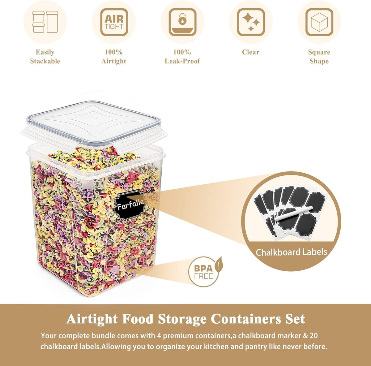 Wildone Large Food Storage Containers 5.2L /175oz, 4 Piece BPA Free Plastic Airtight Food Storage Containers for Flour, Sugar, Baking Supplies, Kitchen & Pantry Containers with 20 Labels
