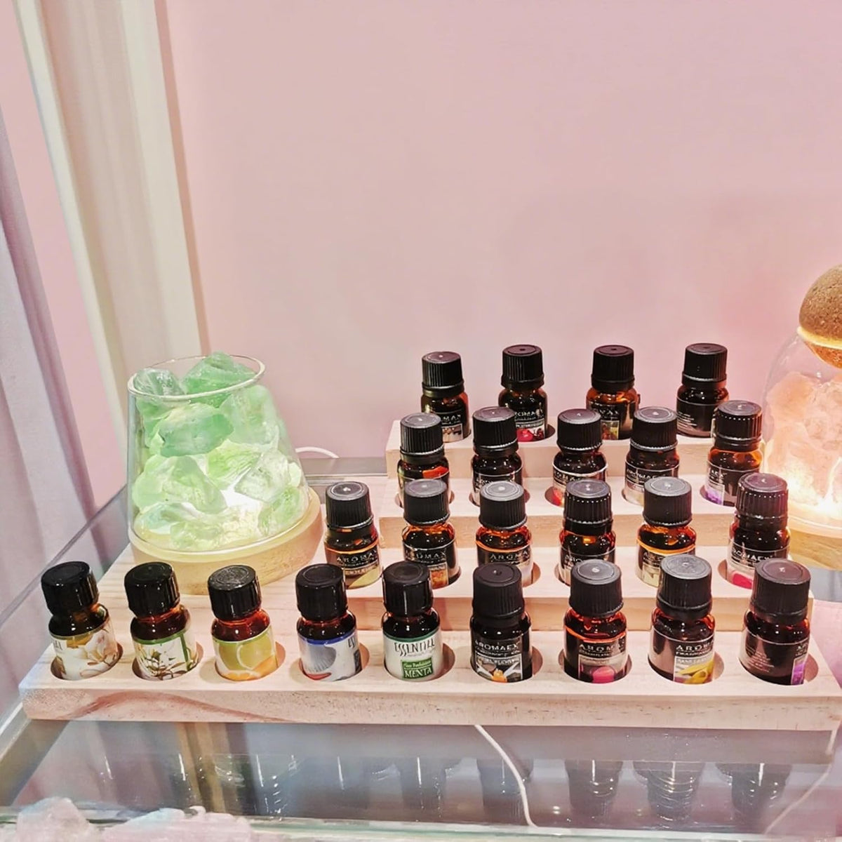 Essential Oil Display Stand 4 Tier Essential Oil Holder Solid Wood Essential Oil Rack for 24 Bottles Tabletop Display Holder Bottle Organizer for 5-20ml Bottles Display for Essential Oils