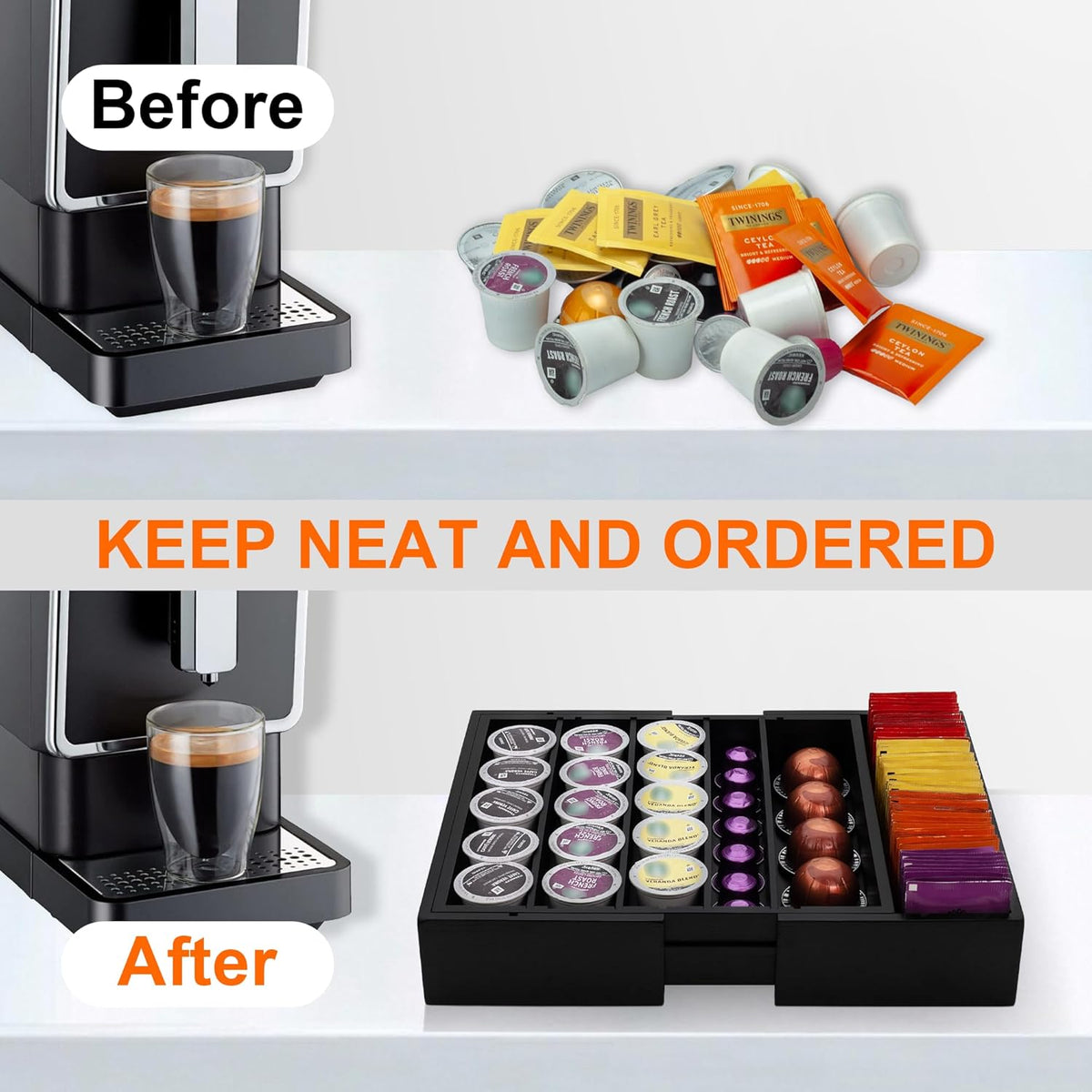 MinBoo Bamboo K Cup Holder for Drawer or Countertop Coffee Pod Holder Expandable K Cup Pod Storage Tea bag organizer K Cup Storage for Coffee Station Home Office and Kitchen