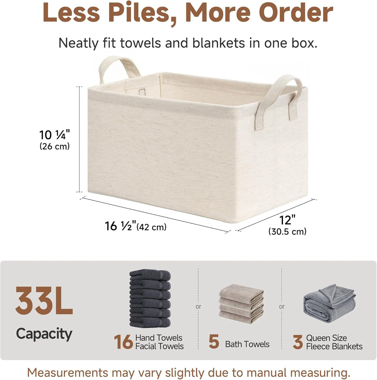 StorageWorks Storage Bins, Shelves Baskets for Organizing, Fabric Closet Organizers with Handles, Metal Frame, Beige-Cotton-linen, 2-Pack