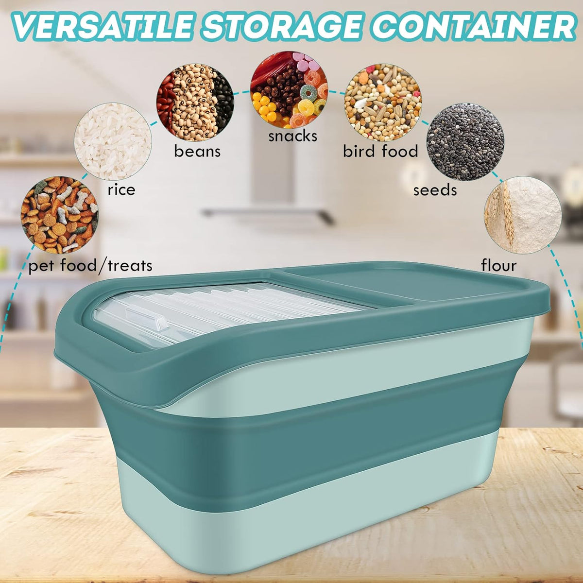 Pet Food Storage Containers, Collapsible Dog Food Container with Sliding Lid,13lb Cat Food Storage with Measuring Cup & Scoop, Plastic Dog Food Bin（green）