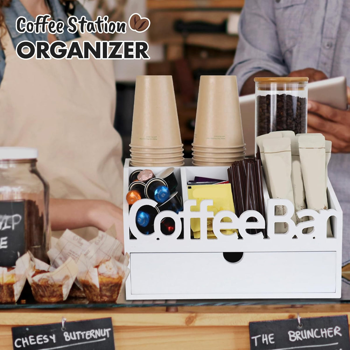 Coffee Bar Organizer for Countertop – Wooden Coffee Caddy with Compartments for Pods, Sugar Packets, and Accessories – Coffee Condiment Station Storage for Home and Office (Black)