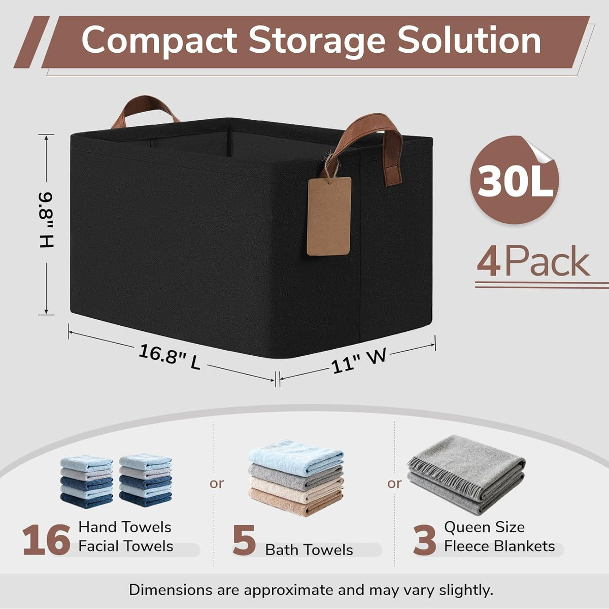 CHICVITA 4 Pack Large Storage Baskets for Shelves, Collapsible Closet Organizer Bins with Metal Frame, Fabric Storage Bins for Clothes Towels Organization, 16.8" x 11" x 9.8", Beige