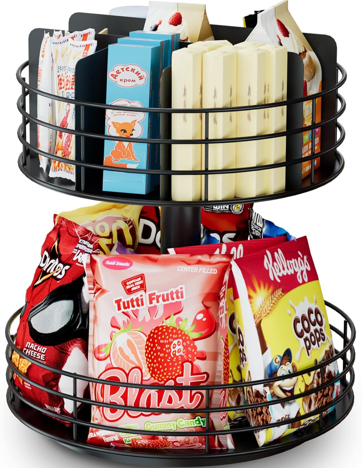 Snack Organizer - Versatile Snack Storage 2 Tier Lazy Susan with Convenient Grab-and-Go Design, Wood and Metal Snack Holder for Home, Office, Breakroom, 12.13" L x 12.13" W x 12.56" H