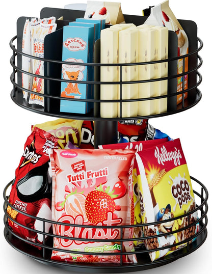 Snack Organizer - Versatile Snack Storage 2 Tier Lazy Susan with Convenient Grab-and-Go Design, Wood and Metal Snack Holder for Home, Office, Breakroom, 12.13" L x 12.13" W x 12.56" H