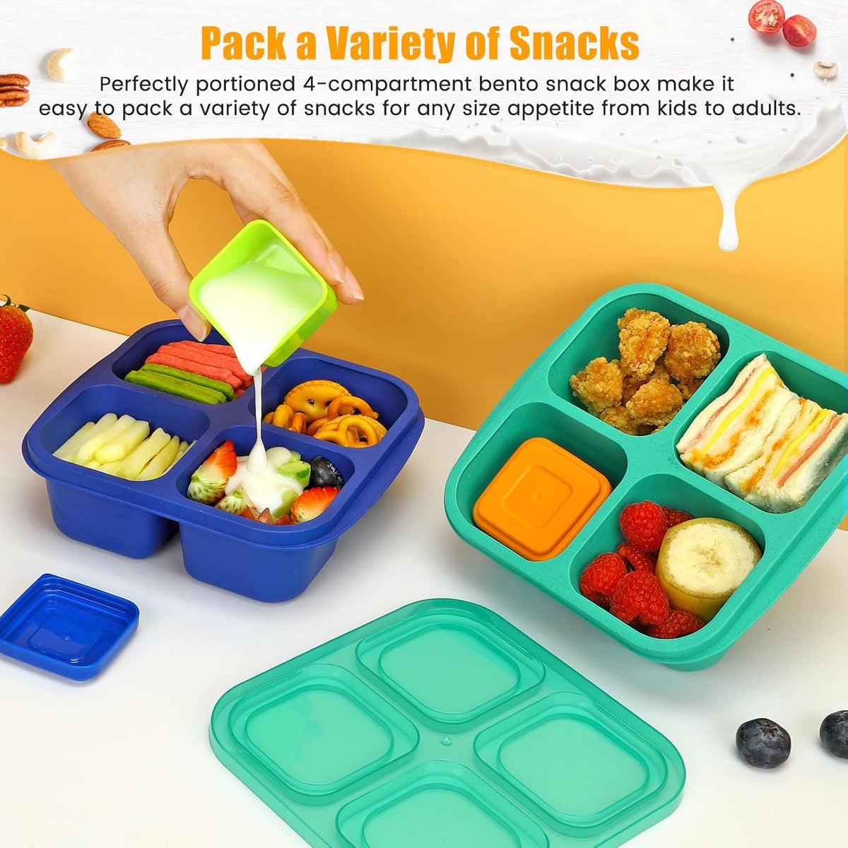 Caperci Lunchable Snack Containers - 4 Pack Bento Snack Boxes with 4-Compartment, 2 Leakproof Dip Cups, Reusable Divided Food Containers for School, Work, Travel (Jewel Brights)