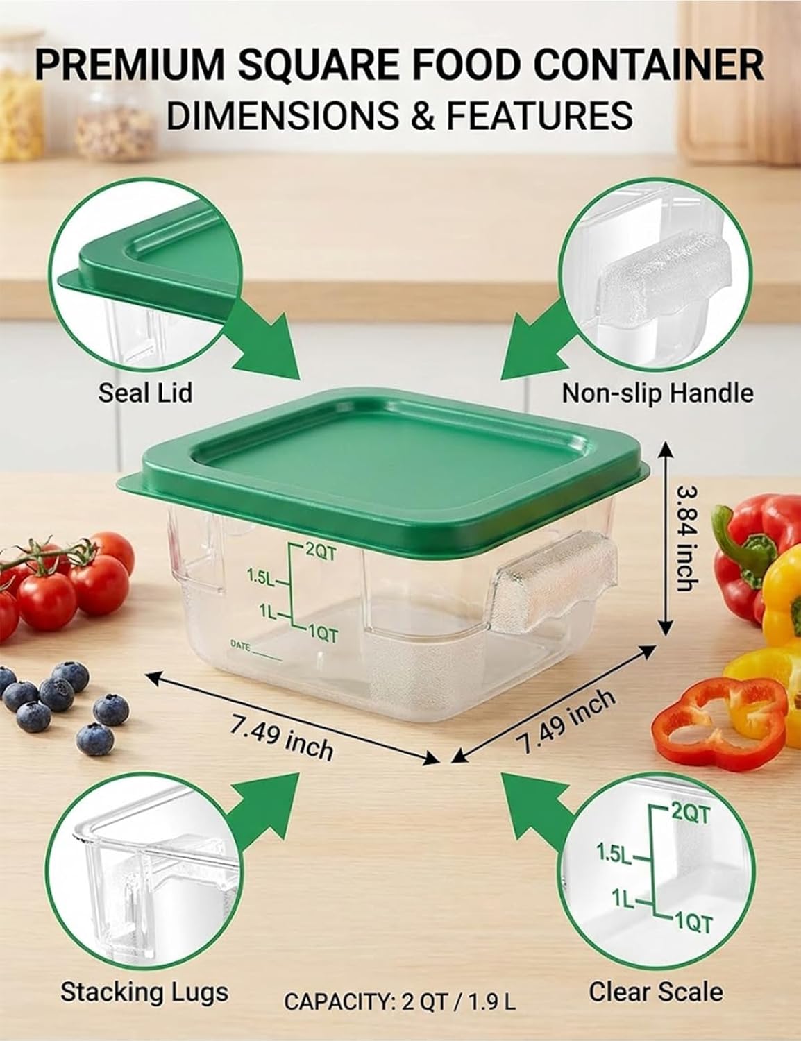4 Pack 4QT Food Storage Containers with Green Lids, Clear Square Restaurant Commercial Food Storage Containers with Handle and Scale, Marinating Container Dough Rising Bucket for Home & Dining