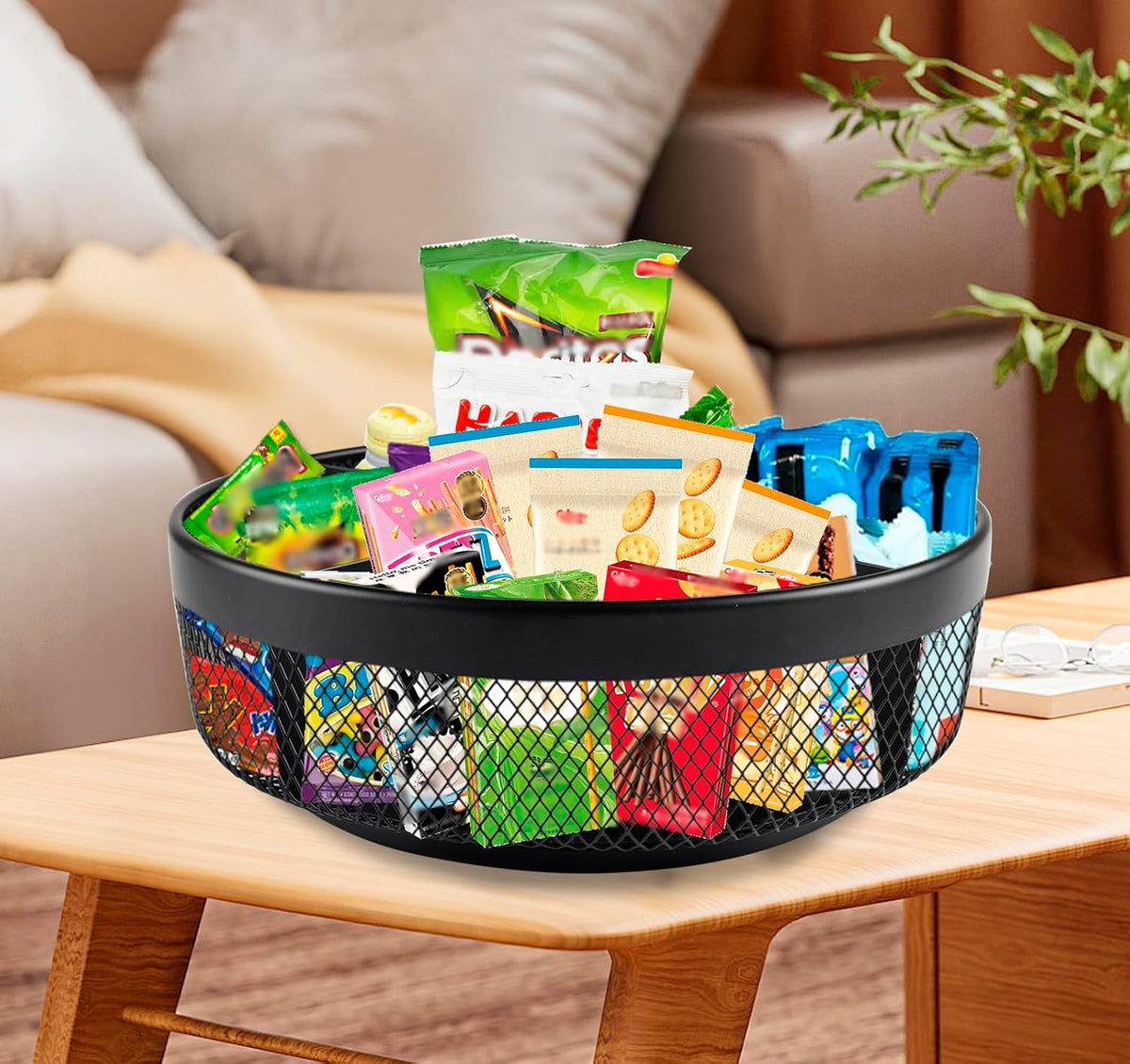 Snack Organizer for Countertop, Metal Turntable Organizer with Divider, 4 Compartment Snack Storage Spinning Snack Tray, Lazy Susan Snack Spinner for Snack Bar Organizer Pantry Storage-Black
