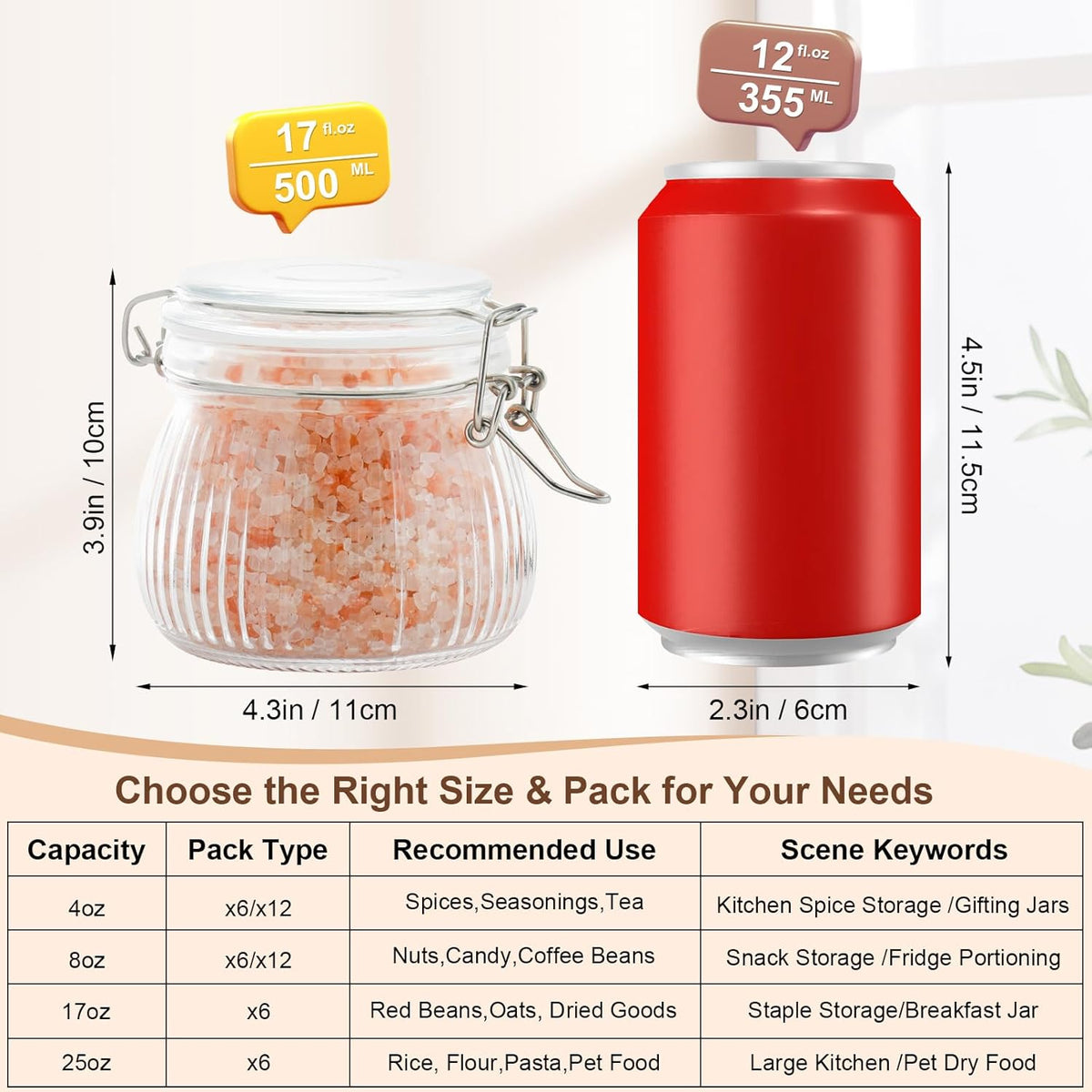 17oz Airtight Glass Jars, 6 Pack Clamp Lid Canisters, Small Food Storage Containers for Spices, Nuts, Snacks, Canning Jar for Jams & Pickling, Pantry Organization