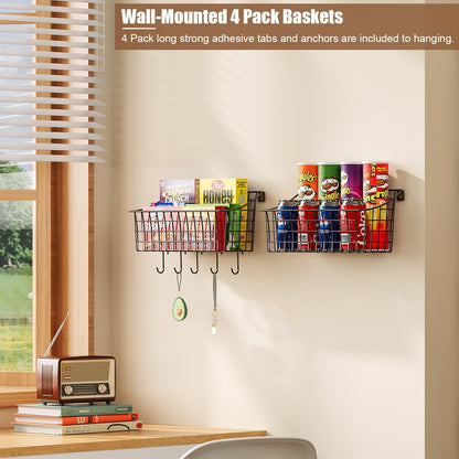 Sonyabecca 6 Pack Hanging Wall Basket for Organizing, Large Wire Basket for Storage Pantry with 5 S Hook+6 Adhesive Hook, Wall Mounted Shelf for Kitchen Bathroom