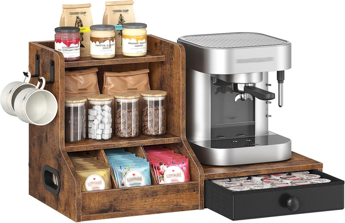 HOOBRO Coffee Mug Tree, Coffee Mug Cup Holder with Drawer for 25K-Cup Pods, Mug Display Stand with 2 Hooks, 3 Tier Mug Stand Rack for Countertop, Holds Syrup, Tea Bags, Rustic Brown and Black BF05CR01