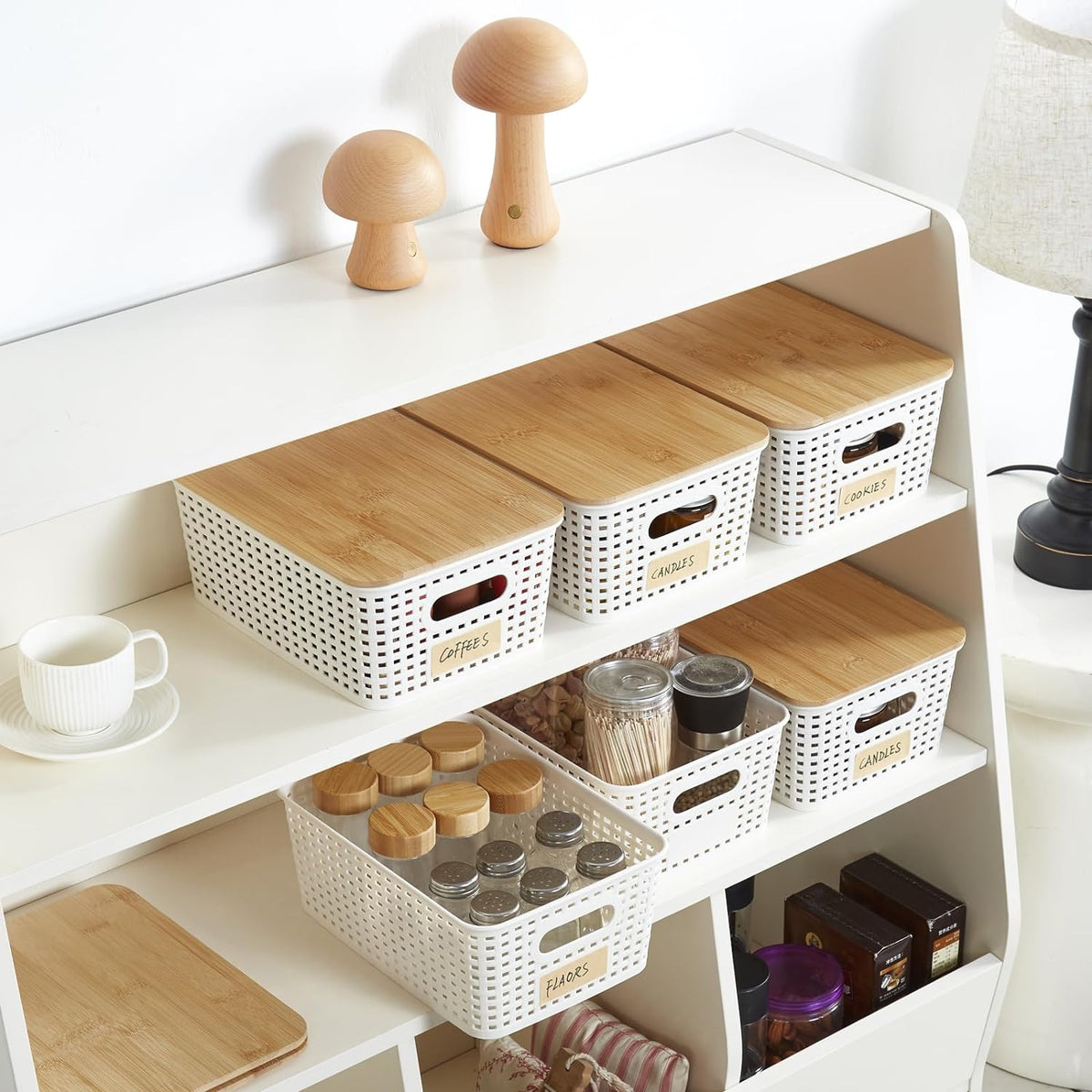 Bagnizer Small Plastic Storage Bins with Bamboo Lids 5.2qt Stackable Box Basket Pantry Decorative Containers Cute with Labels for Organizing Desktop Closet Office Cream White of 10*7.2*4.1"