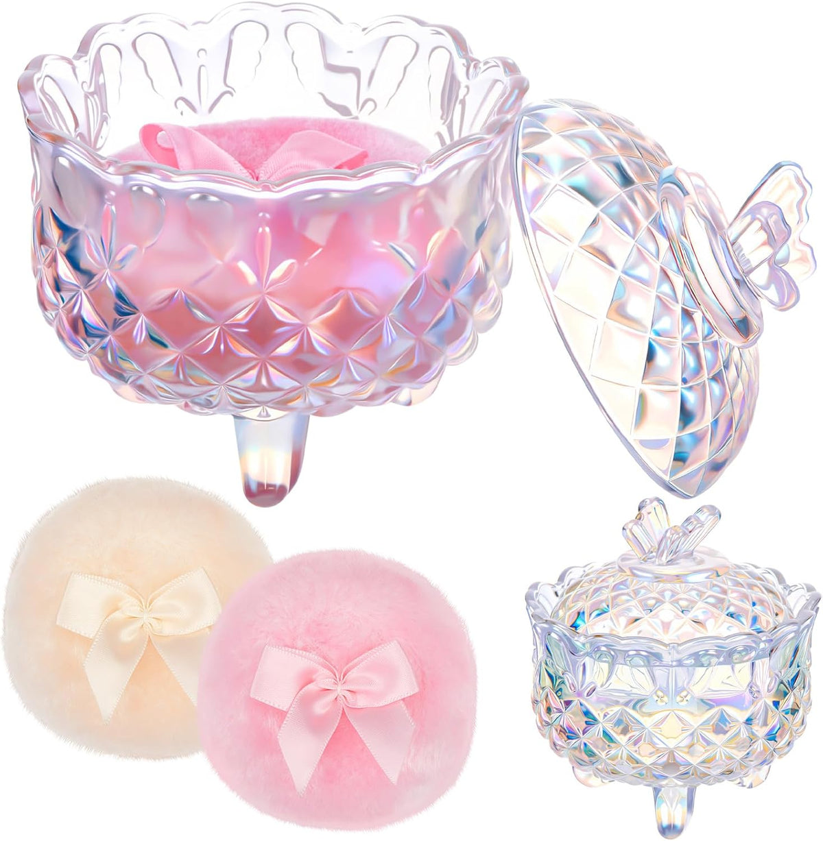 Tioncy 3 Pcs Large Body Powder Puff and Container Valentine's Day gift Powder Container with Puff Crystal Case Soft Washable Reusable Velour Face Body Glitter Wet Dry Makeup (Classic,Clear)