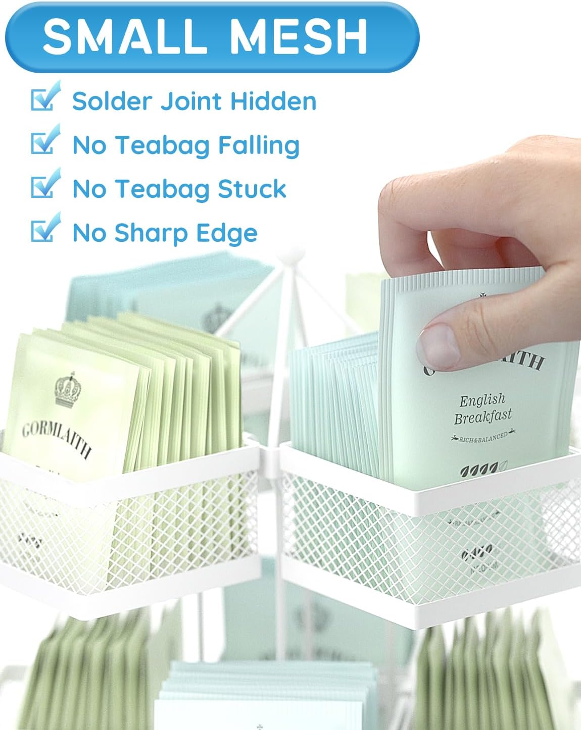 Tea Bag Organizer, Tea Bag Storage Holder Spinning Carousel 96 Teabags Container, Lazy Susan Coffee Creamer Sweetener Tea Caddy for Kitchen Counter Cabinet Pantry Shelf Organizer