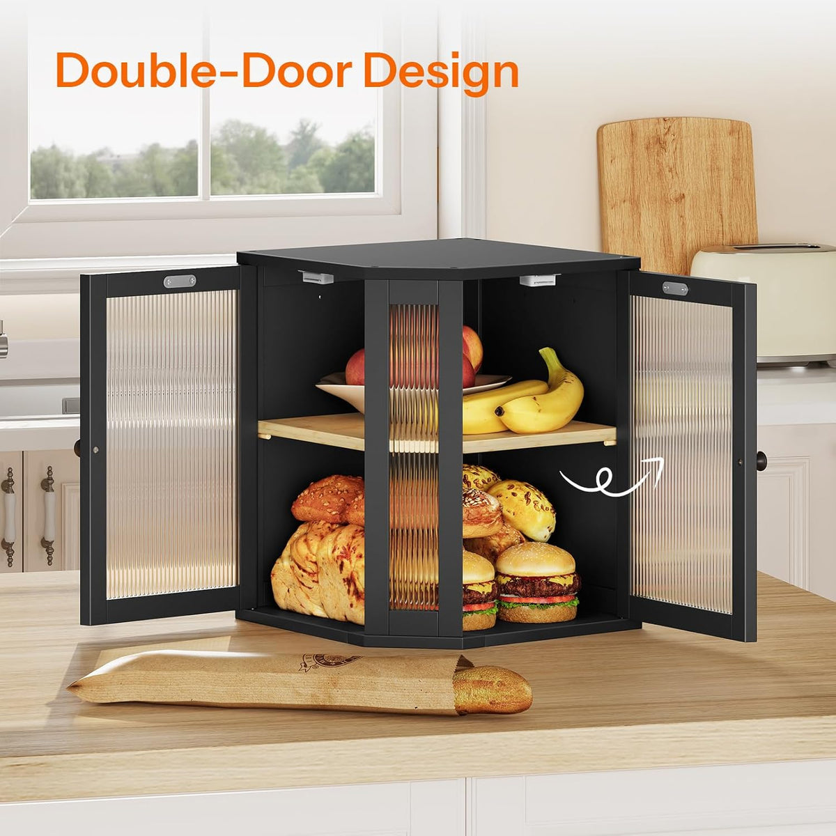 HOOBRO Bamboo Bread Box, Kitchen Countertop Corner Bread Box, Large Capacity 2-Tier Bread Container, Bread Storage Container with Dual Rippled Acrylic Doors, for Kitchen Food Storage, Natural YL12MB01