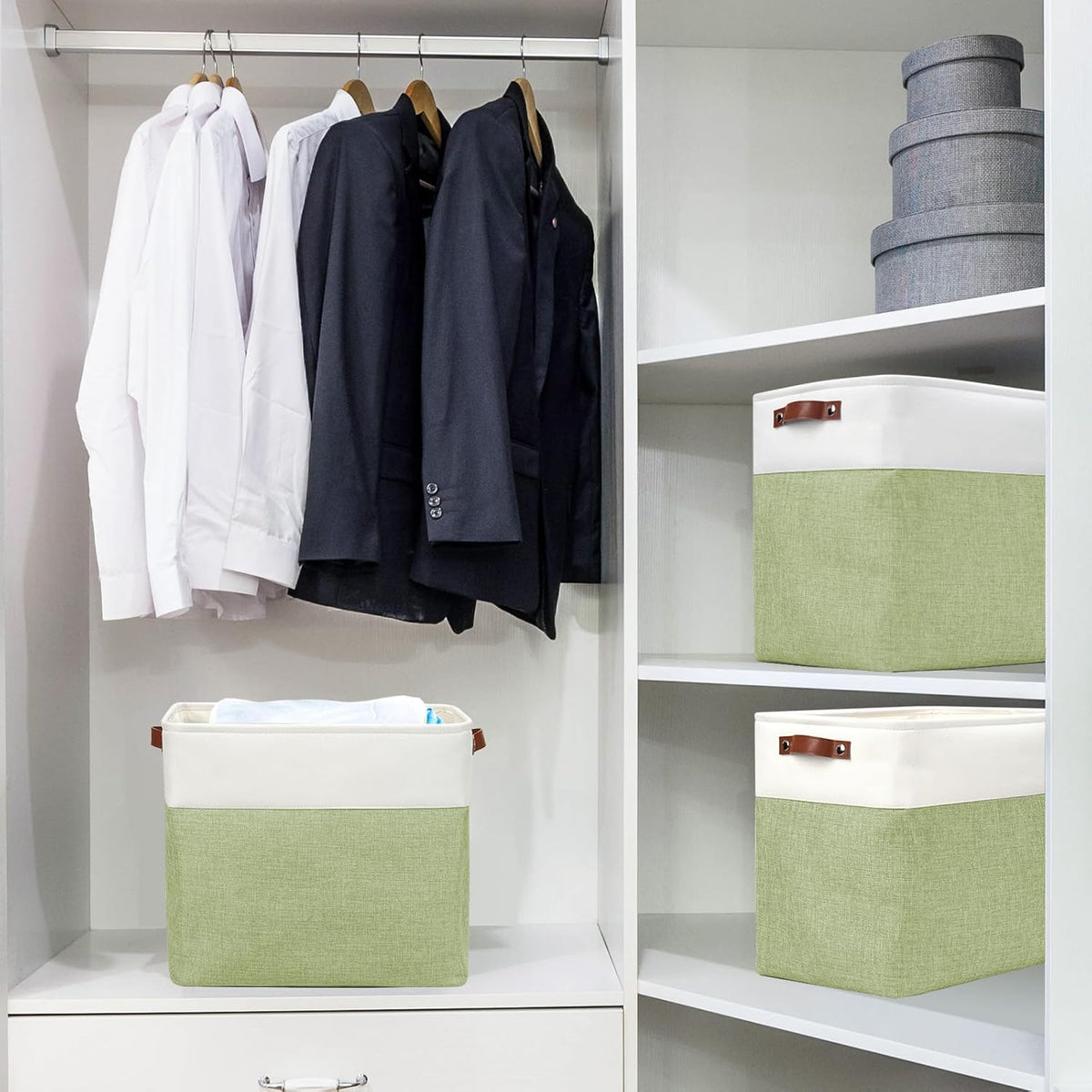 Bagnizer Large Fabric Storage Baskets | 50L Storage Bins, Decorative Linen Closet Baskets with Handles for Organizing, Shelf, Toys, Clothes, Home, Office, Nursery, 17x12x15Inches (Grey&White)