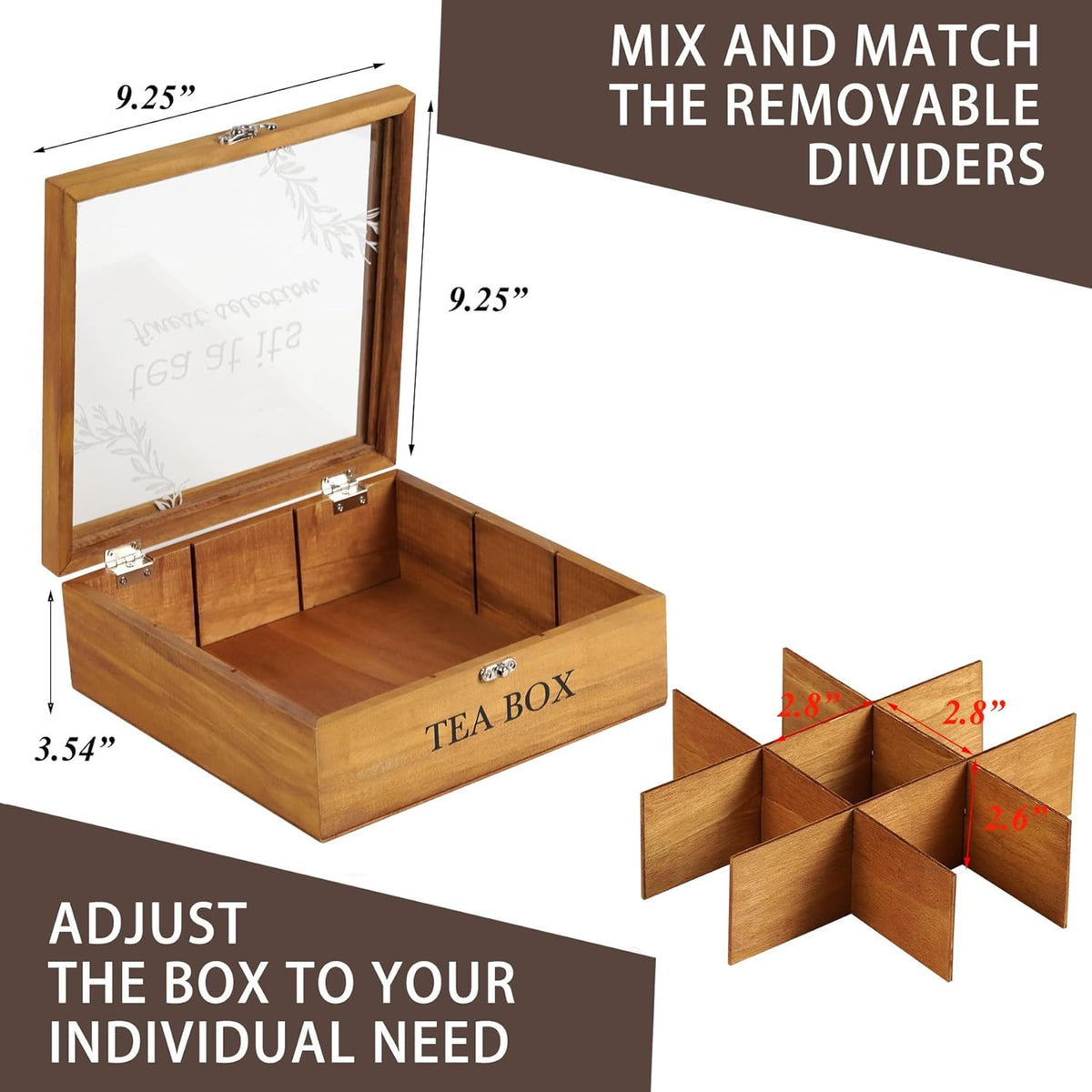 Tea Box Organizer,Wood Tea Bag Holder Organizer,Modern Teas Bag Storage with 9 Compartments and Glass Cover for Home Office Gift