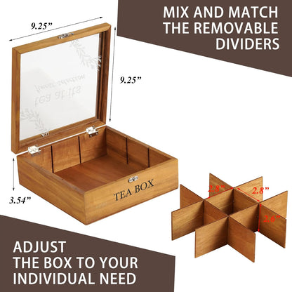 Tea Box Organizer,Wood Tea Bag Holder Organizer,Modern Teas Bag Storage with 9 Compartments and Glass Cover for Home Office Gift