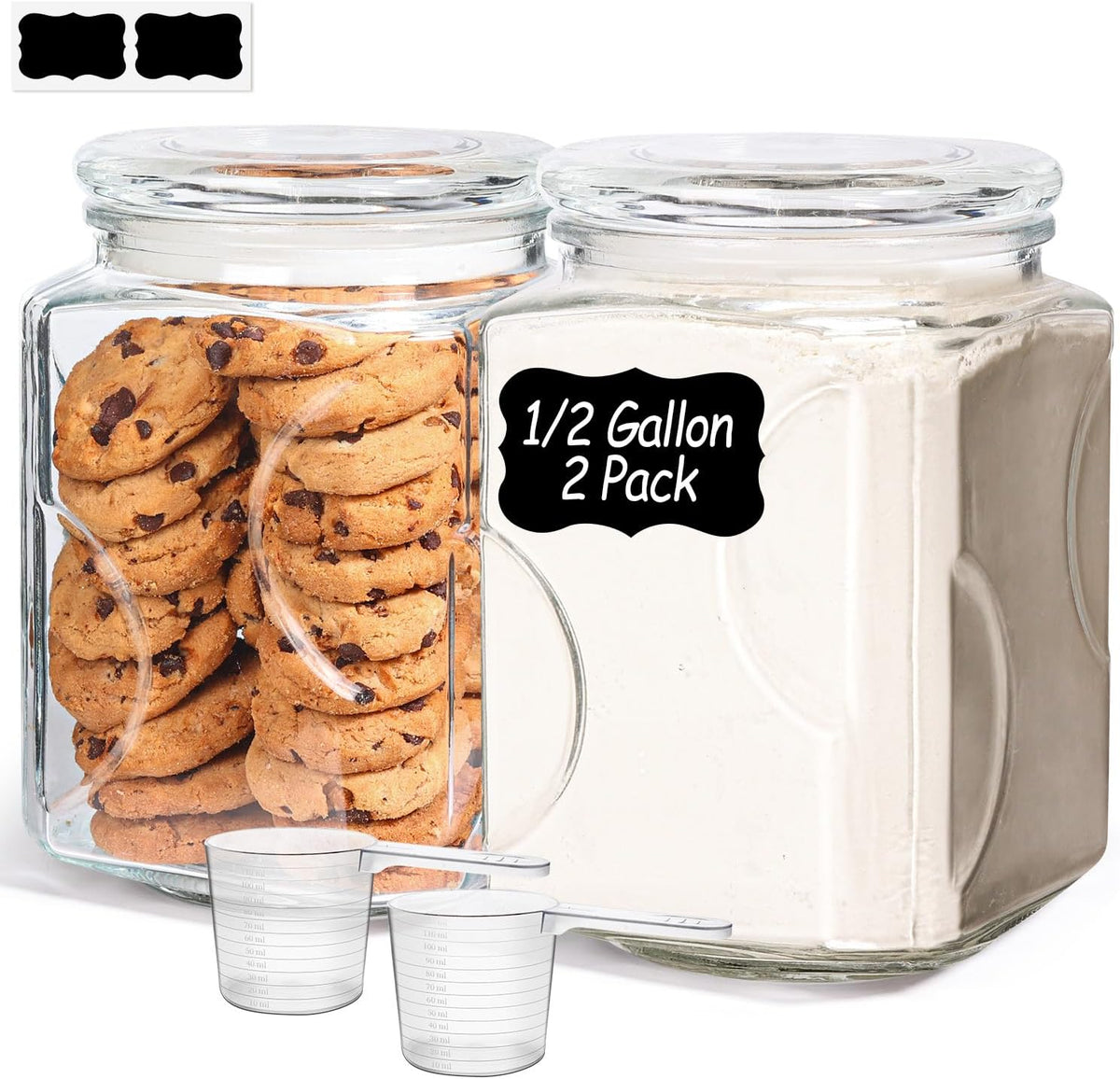 ComSaf 64 oz Glass Flour and Sugar Storage Containers Set of 2, Wide Mouth 1/2 Gallon Square Airtight Pantry Jars with Lids, Space-Saving Minimalist Kitchen Organization
