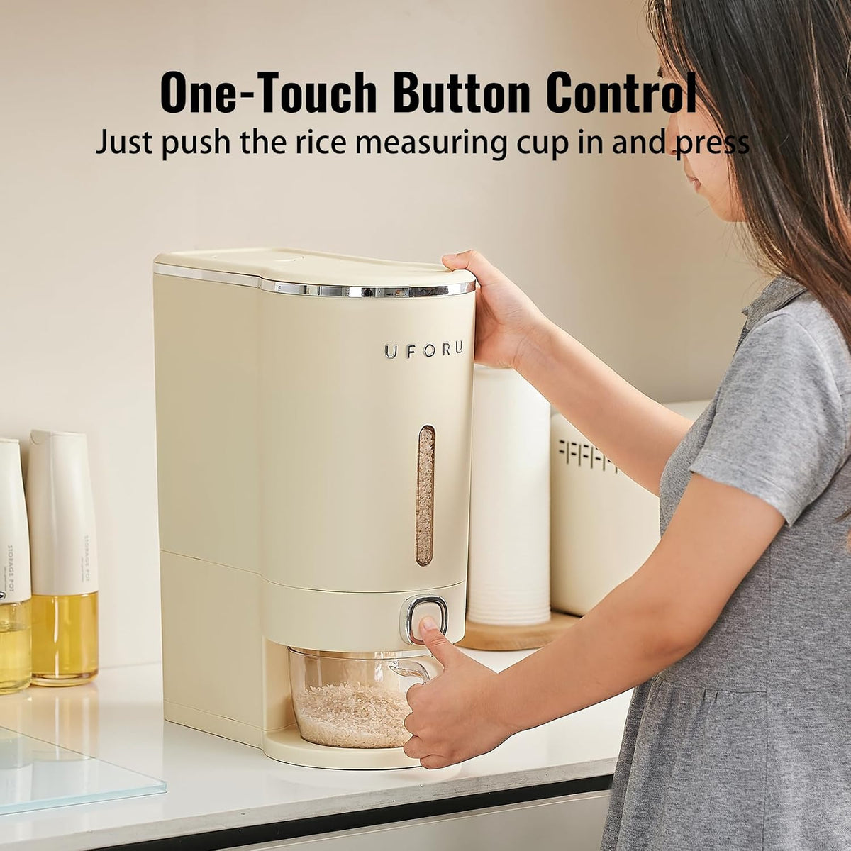 UFORU Rice Dispenser, Rice Storage Container with Measuring Cup for Kitchen Pantry Household, Cereal Dry Food Storage Containers Airtight, Sealed Moisture Proof (Brown 11 Lbs)