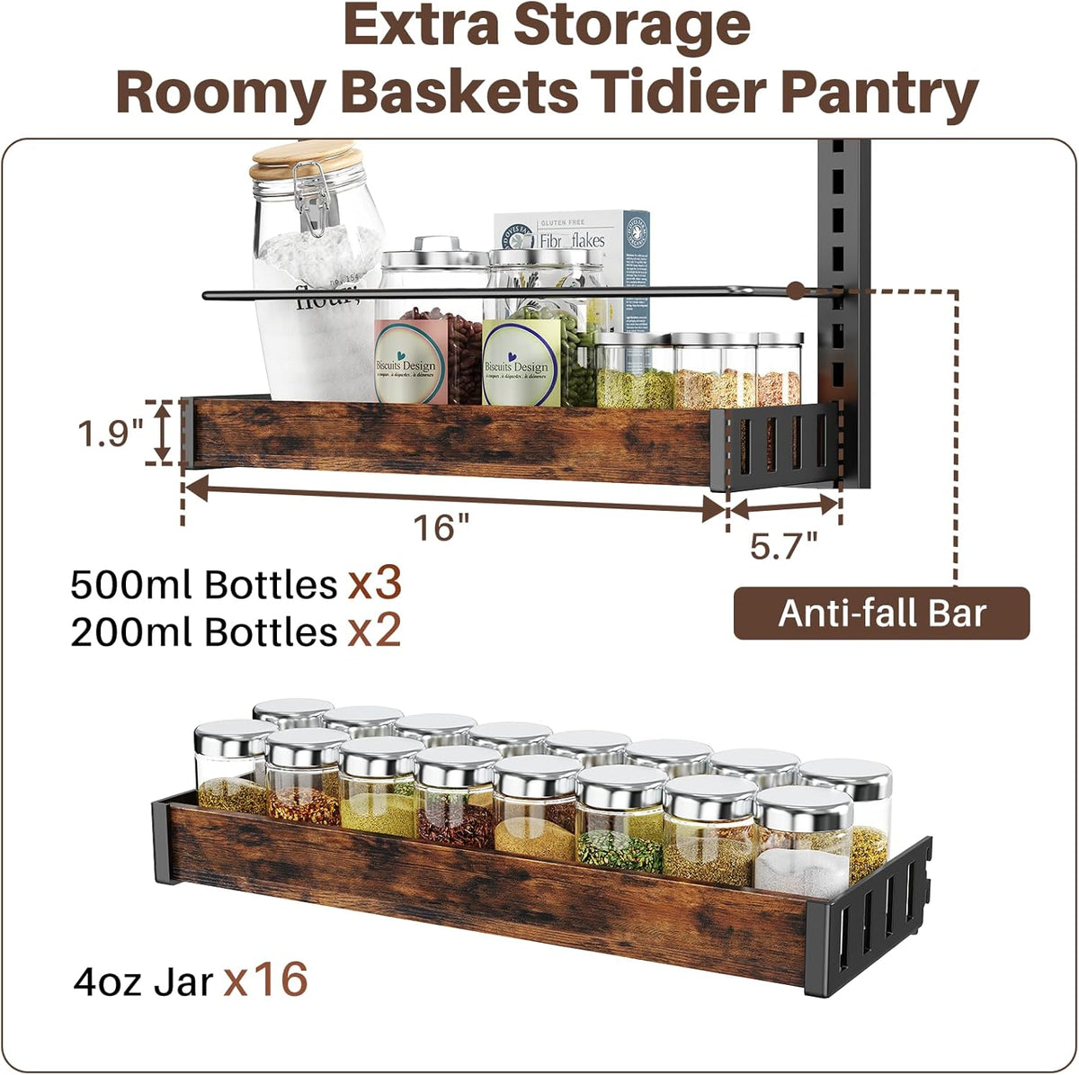 8 Tier Over The Door Pantry Organizer, 2 IN 1 Wall Mount or Metal Hanging Spice Rack for Pantry Organizers and Storage, Seasoning Shelves，Adjustable Basket with Hooks for Kitchen Cabinet and Closet