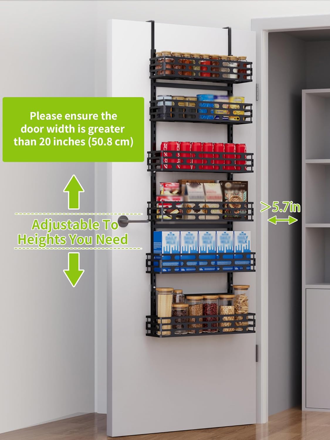 6-Tier Over the Door Pantry Organizer, Pantry Organization And Storage, Hanging Storage Organizer Spice Rack Metal Shelving for Home & Kitchen, Office Laundry Room Bathroom Black