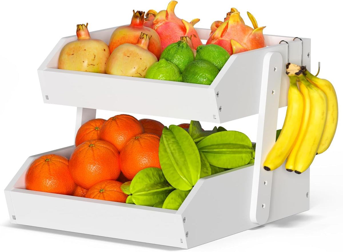 Gmtsl Bamboo Fruit Basket for Kitchen – 3 Tier Fruit Bowl For Kitchen Counter, Large Fruit Holder With 2 Banana Hangers, Idea For Fruit and Vegetable Storage, Bread Basket, Snack Organizer(BLACK)